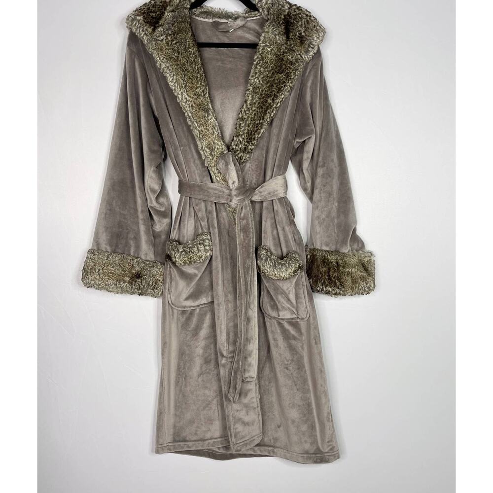 Pottery Barn Gray Caramel Small Faux Fur Robe Plush Tie Waist Hooded Cozy Lounge